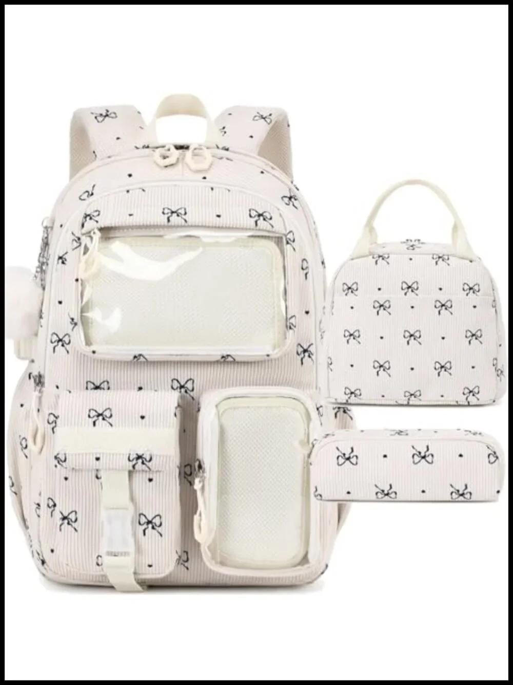 Girls Backpack with Lunch Box Kawaii Bow Corduroy Water Resistant Ita Bag